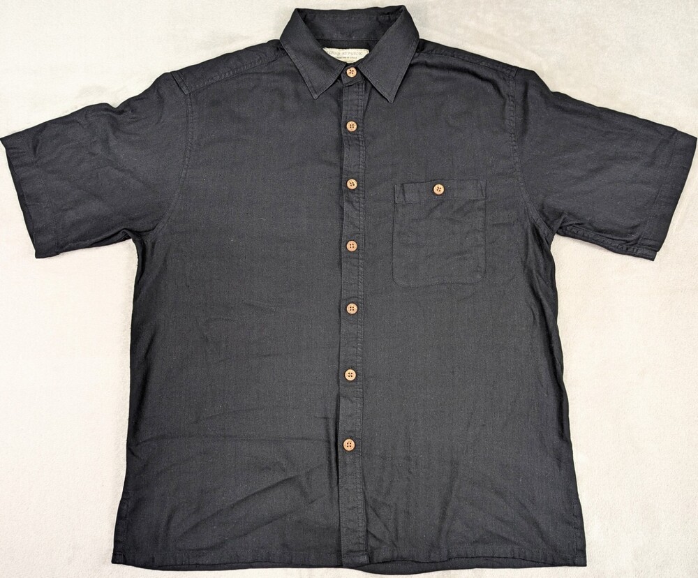 Island Republic Shirt Mens Large Black 100% Silk Wood Buttons Tiki Vacation Goth